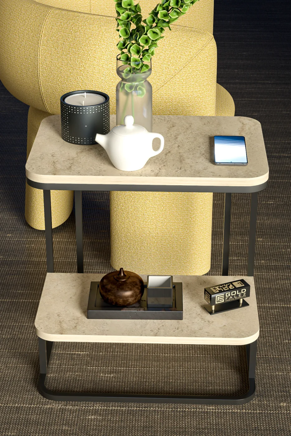 Double Metal Leg Rectangular Side Table - Ecru