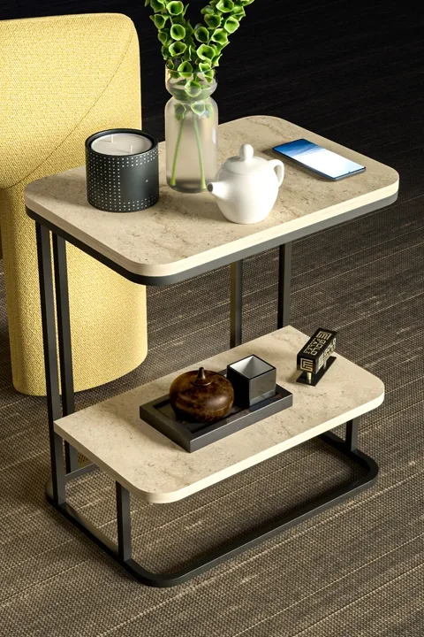 Double Metal Leg Rectangular Side Table - Ecru