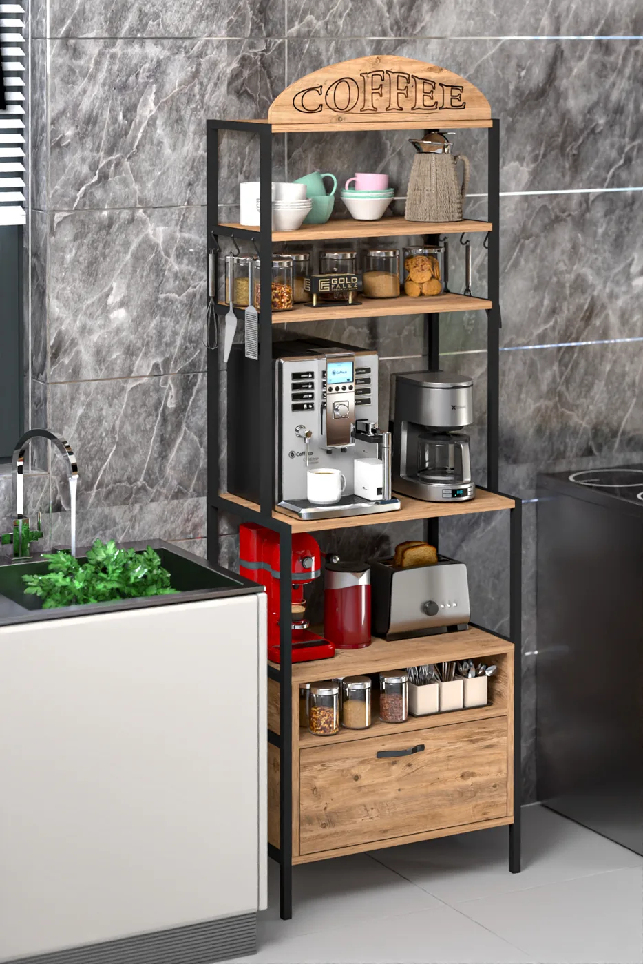 Metal Coffee Corner Kitchen Shelf - Brown