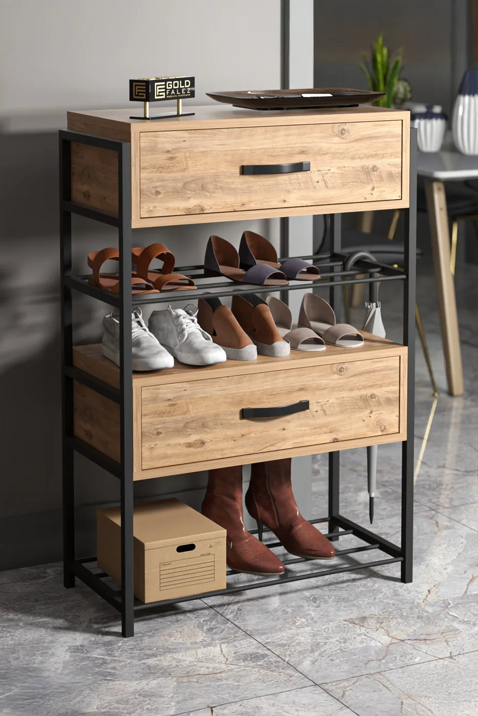 2-Door Wooden Shoe Cabinet Metal Frame - Brown