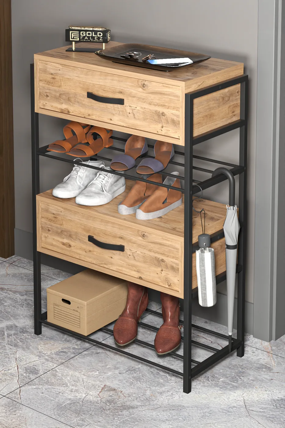 2-Door Wooden Shoe Cabinet Metal Frame - Brown