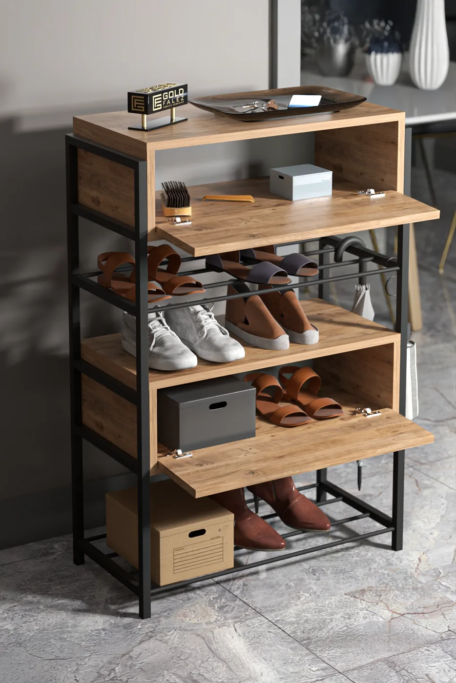 2-Door Wooden Shoe Cabinet Metal Frame - Brown