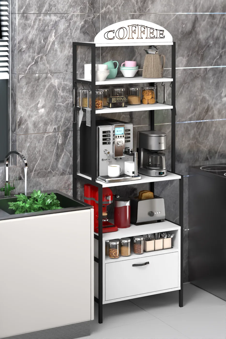 Metal Coffee Corner Kitchen Shelf - White