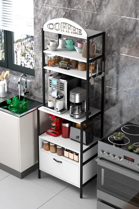Metal Coffee Corner Kitchen Shelf - White
