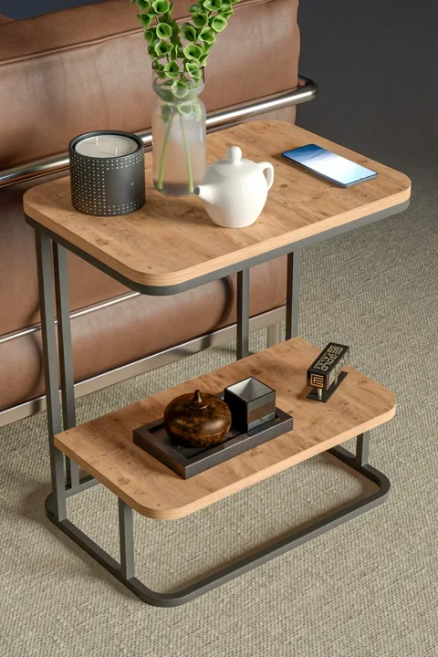 Double Metal Leg Rectangular Side Table - Brown