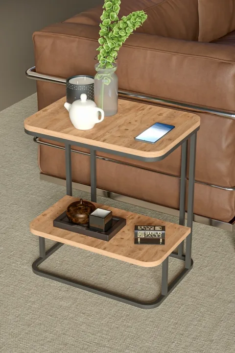 Double Metal Leg Rectangular Side Table - Brown