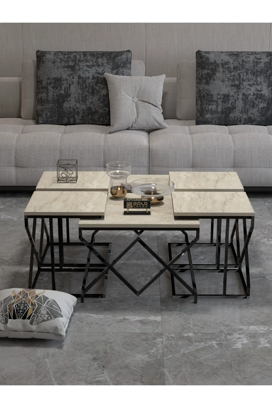 V Lux 5-teiliges Couch- und Satztisch-Set - Beige