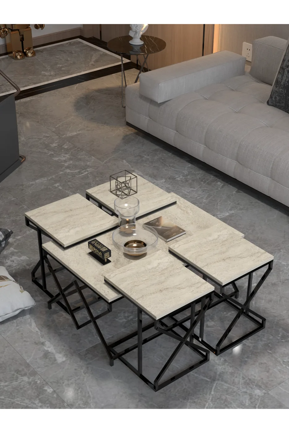 V Lux 5-teiliges Couch- und Satztisch-Set - Beige