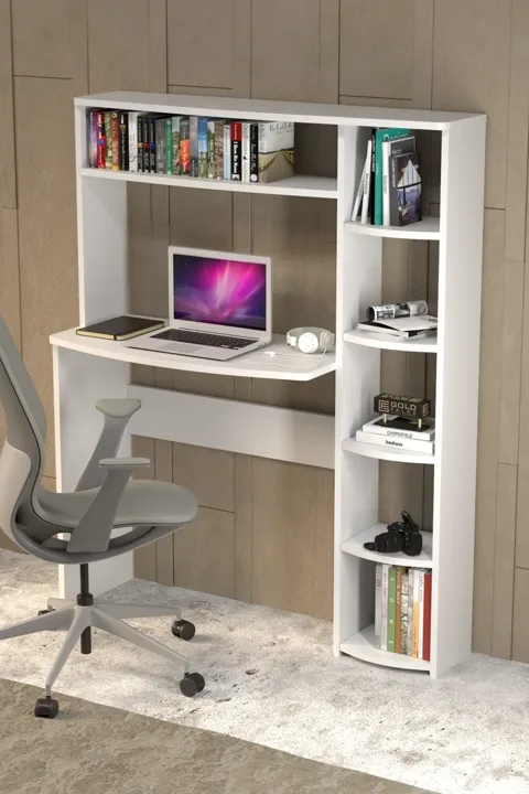 5-Piece Desk with Bookcase - White