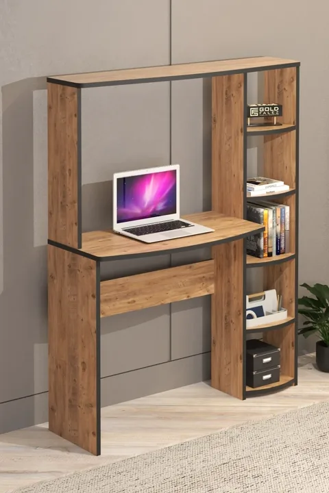5-Piece Desk with Bookcase - Brown