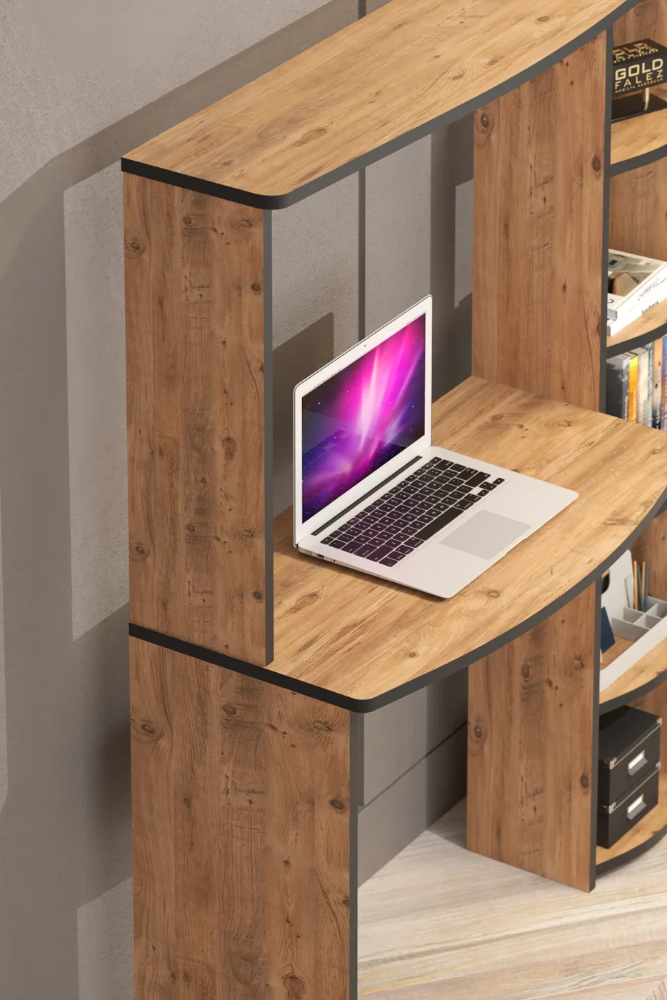 5-Piece Desk with Bookcase - Brown