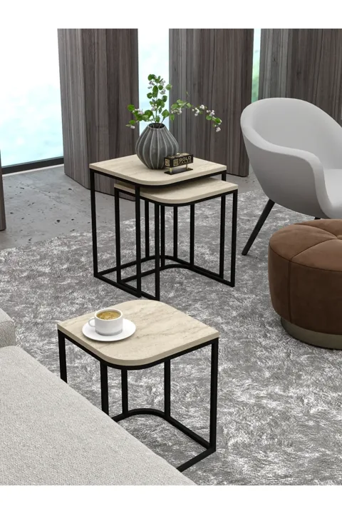 Damla 3-Piece Rectangular Nesting Table Set - Beige