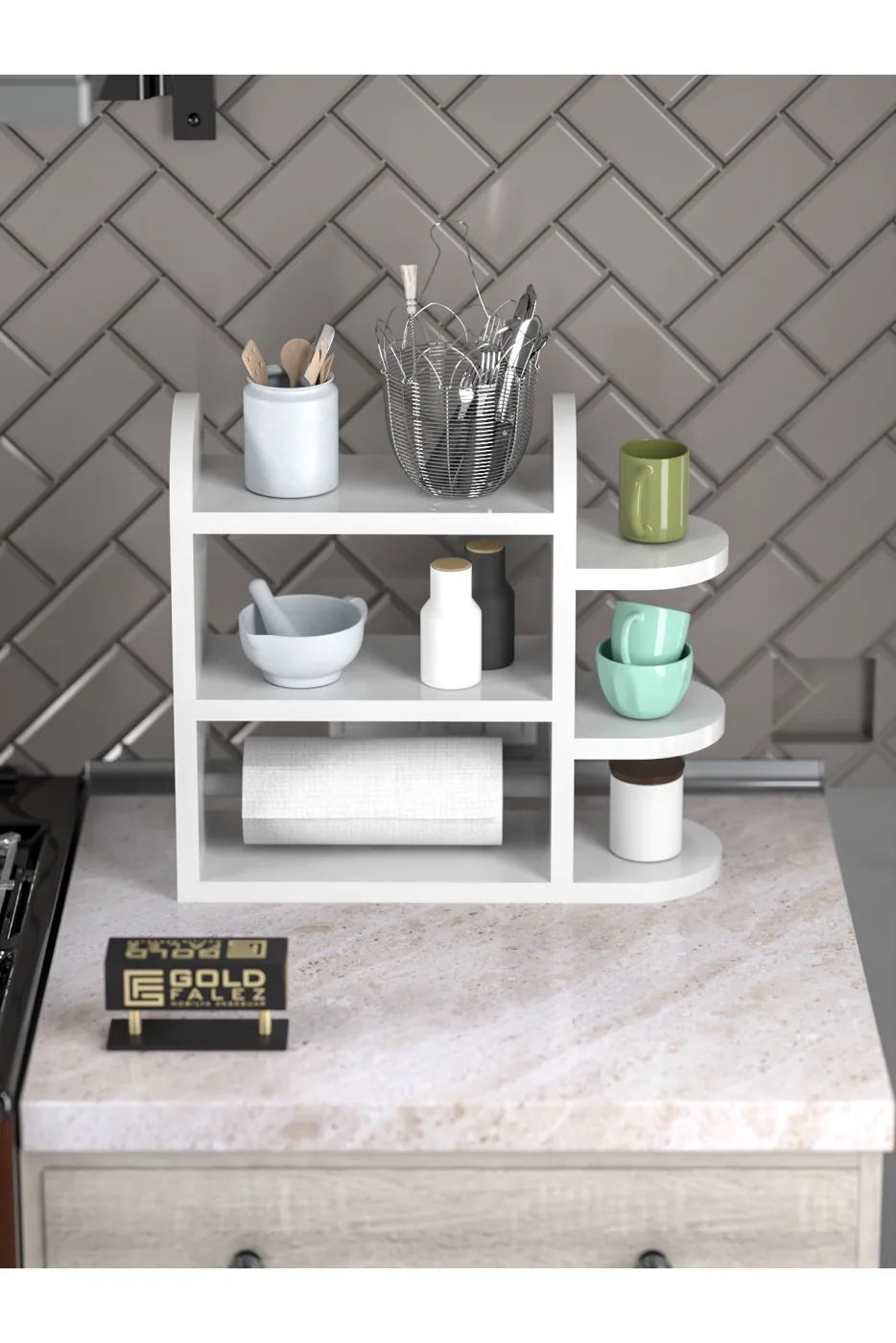 Multi-Purpose Kitchen Shelf, Spice Rack & Napkin Holder - White