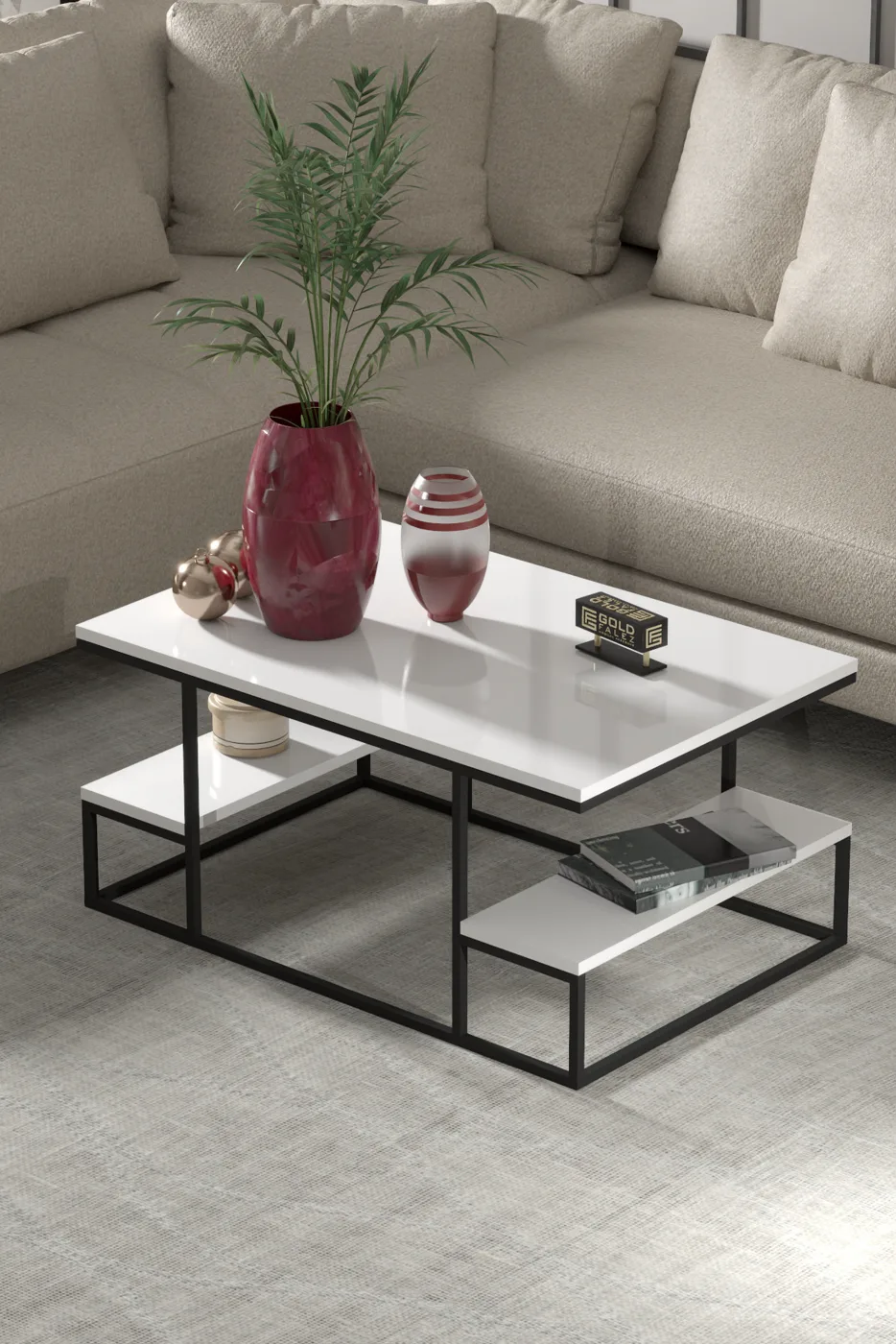 Coffee Table with Shelves - White
