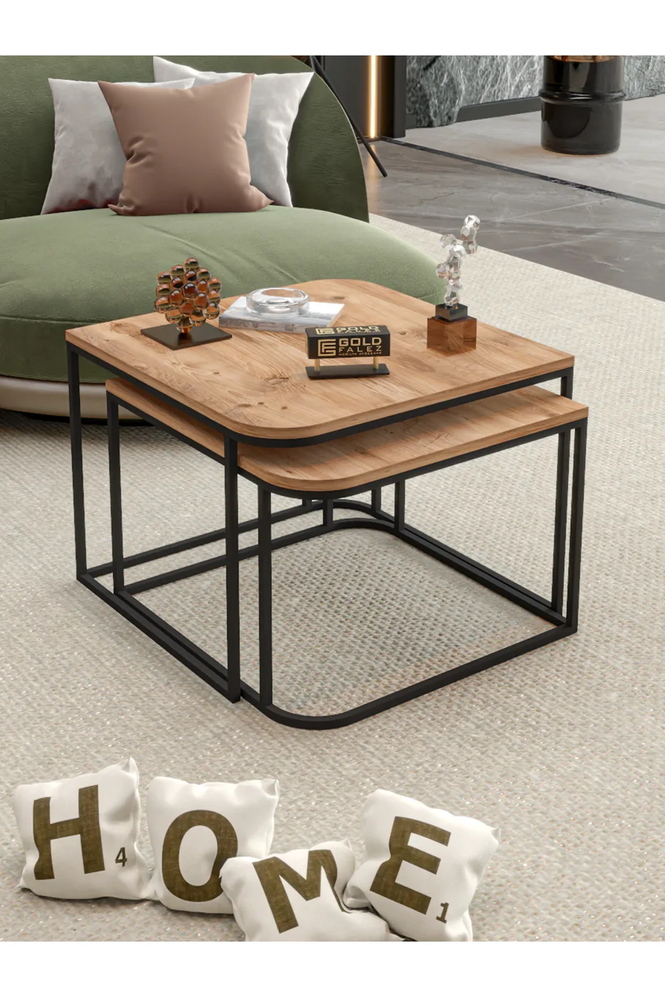 Damla 2-Piece Square Coffee Table - Brown