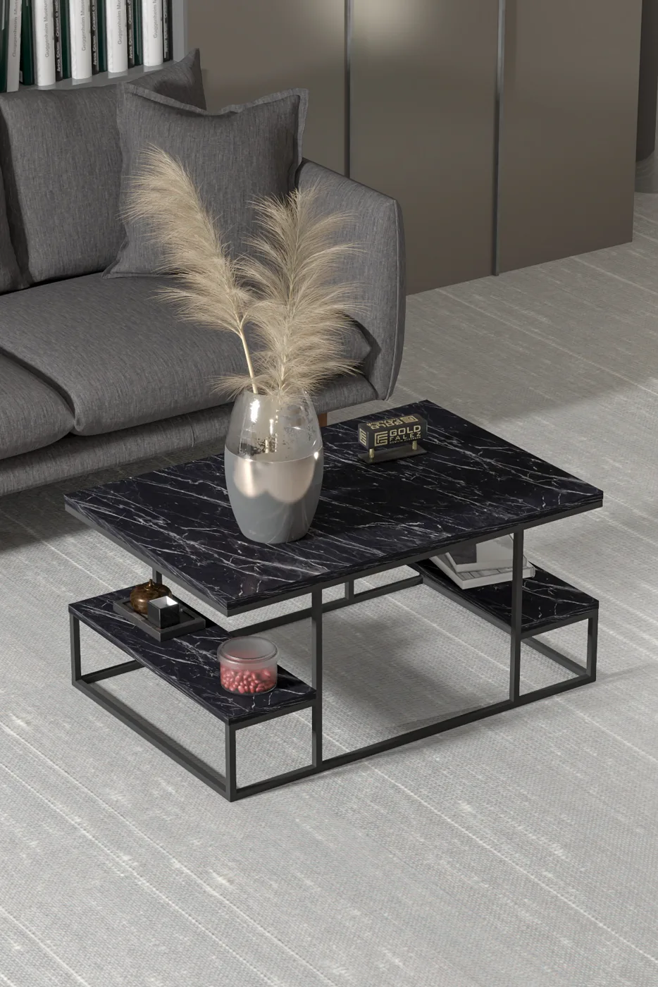 Coffee Table with Shelves - Black