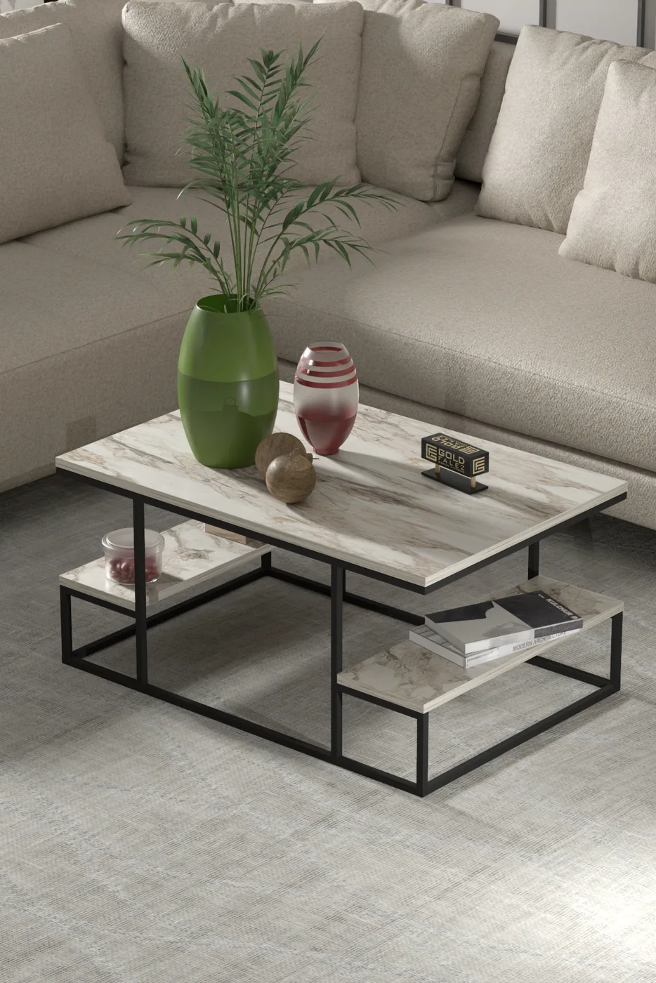 Coffee Table with Shelves - Ecru