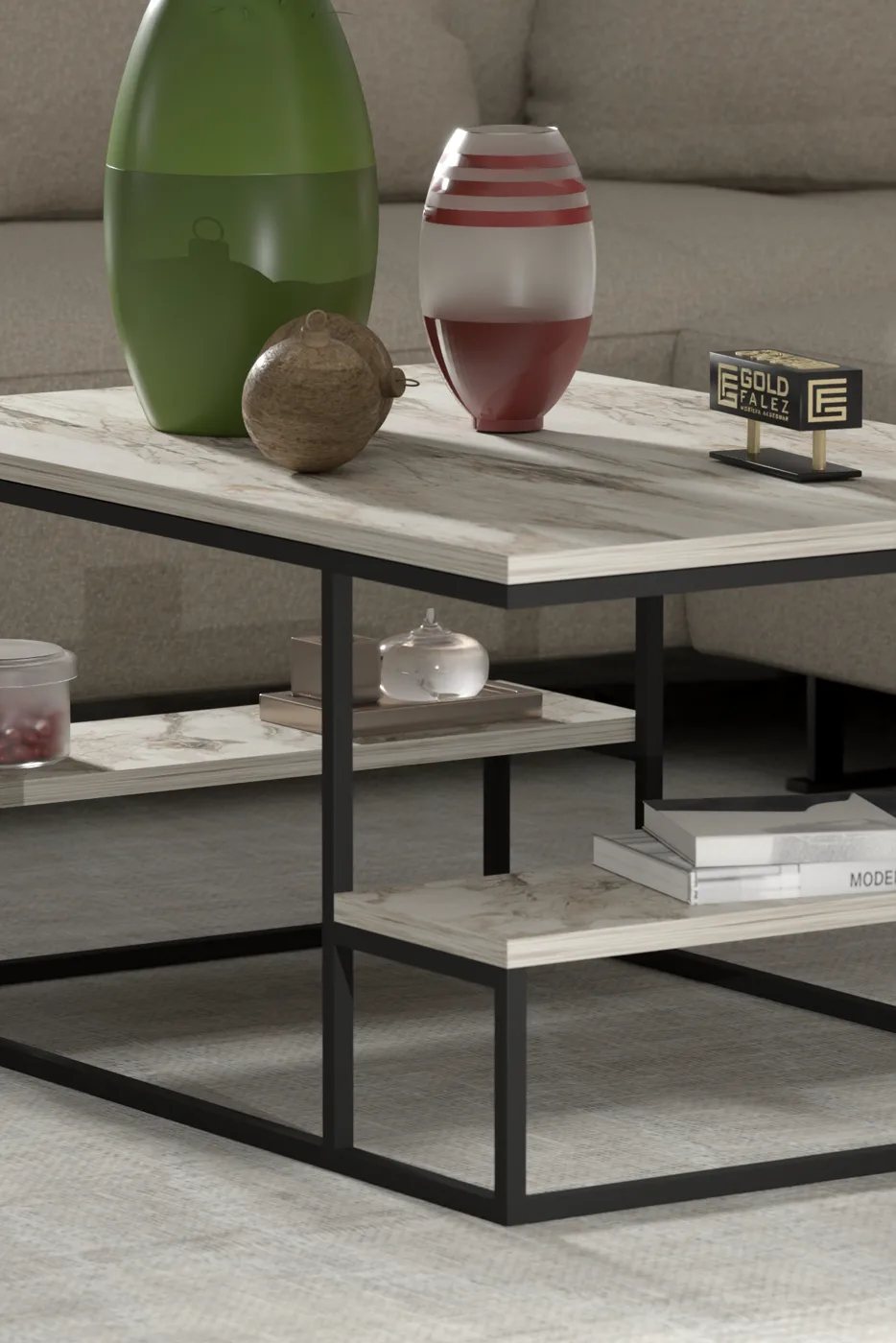 Coffee Table with Shelves - Ecru