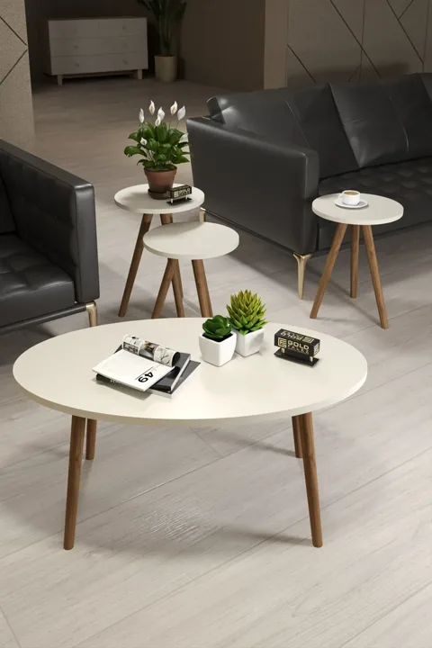 Turned Wooden Leg Oval Coffee & Nesting Table Set - Ecru