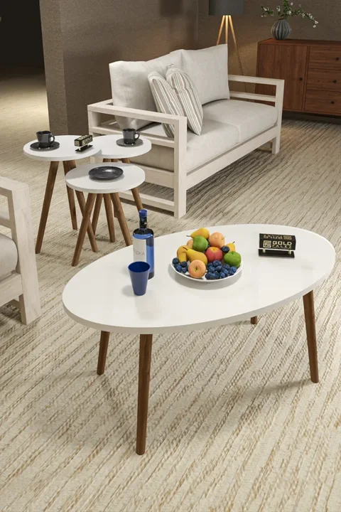 Turned Wooden Leg Oval Coffee & Nesting Table Set - White