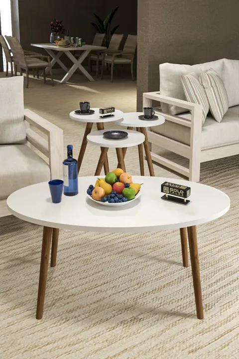 Turned Wooden Leg Oval Coffee & Nesting Table Set - White