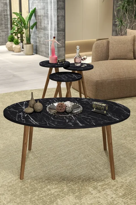 Turned Wooden Leg Oval Coffee & Nesting Table Set - Black