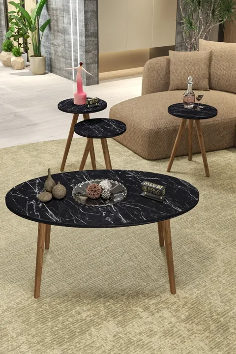 Turned Wooden Leg Oval Coffee & Nesting Table Set - Black