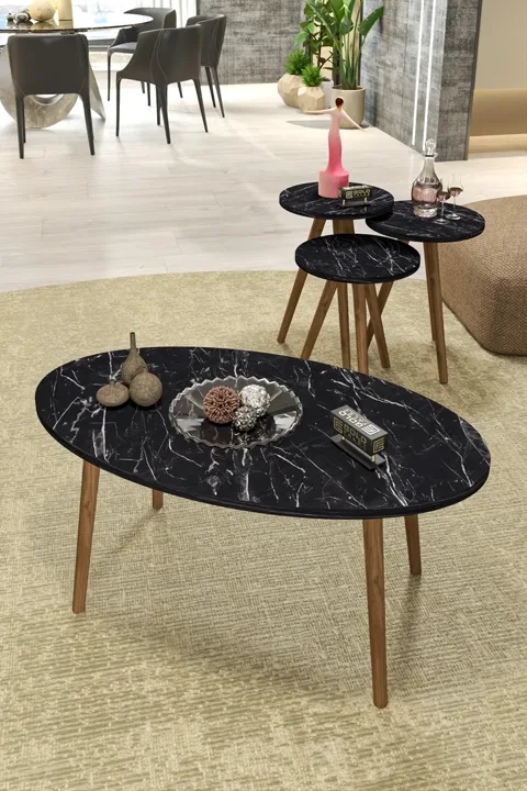 Turned Wooden Leg Oval Coffee & Nesting Table Set - Black