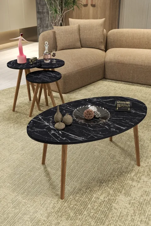 Turned Wooden Leg Oval Coffee & Nesting Table Set - Black