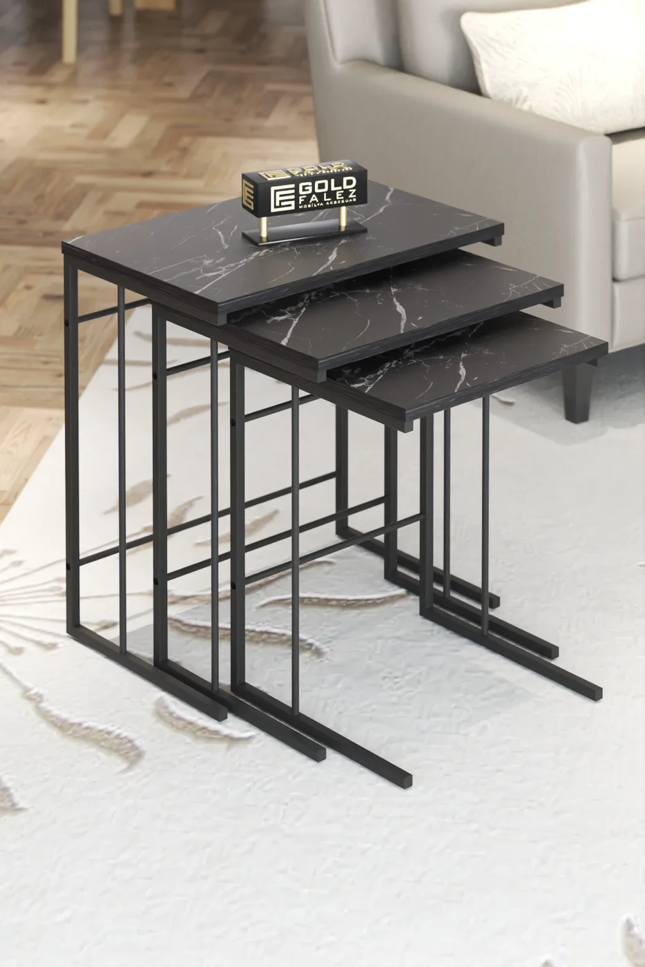 Solo 3-Piece Square Nesting Table Set - Black Marble Effect