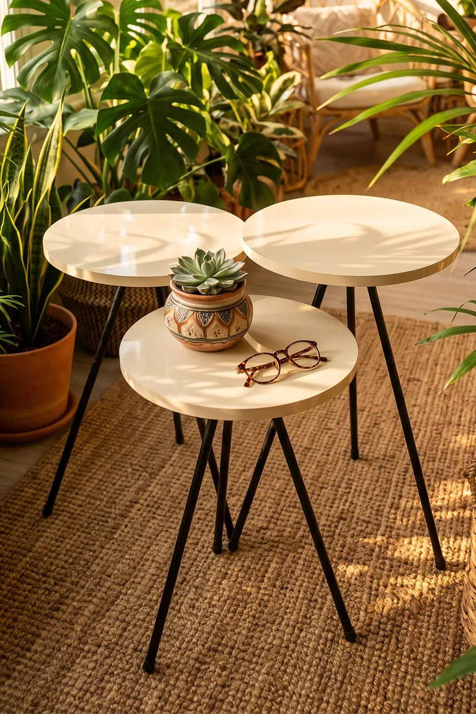 Round Coffee & Nesting Table Set Metal Legs - Ecru