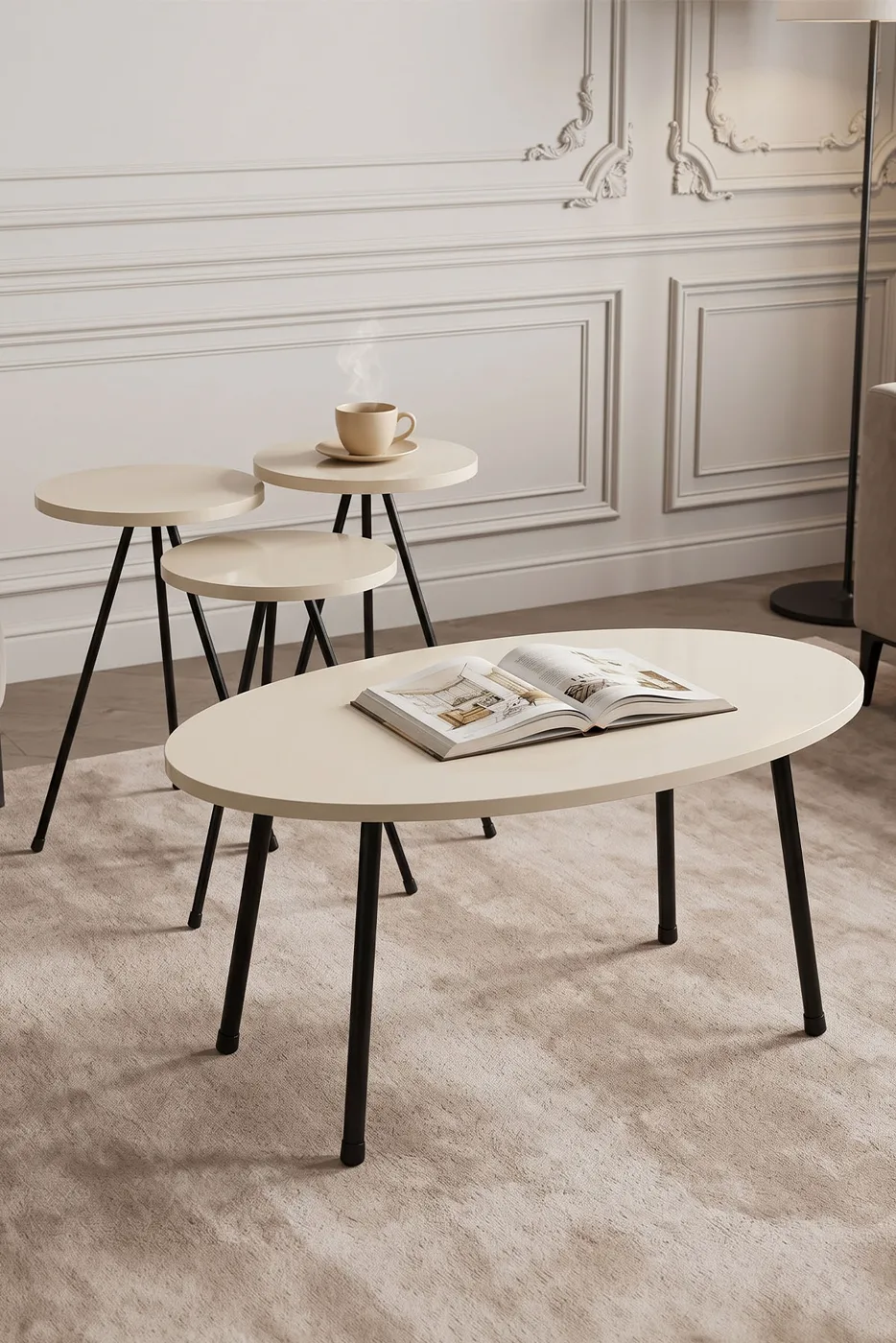 Round Coffee & Nesting Table Set Metal Legs - Ecru