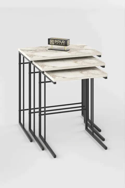 Solo 3-Piece Square Nesting Table Set - White Marble Effect