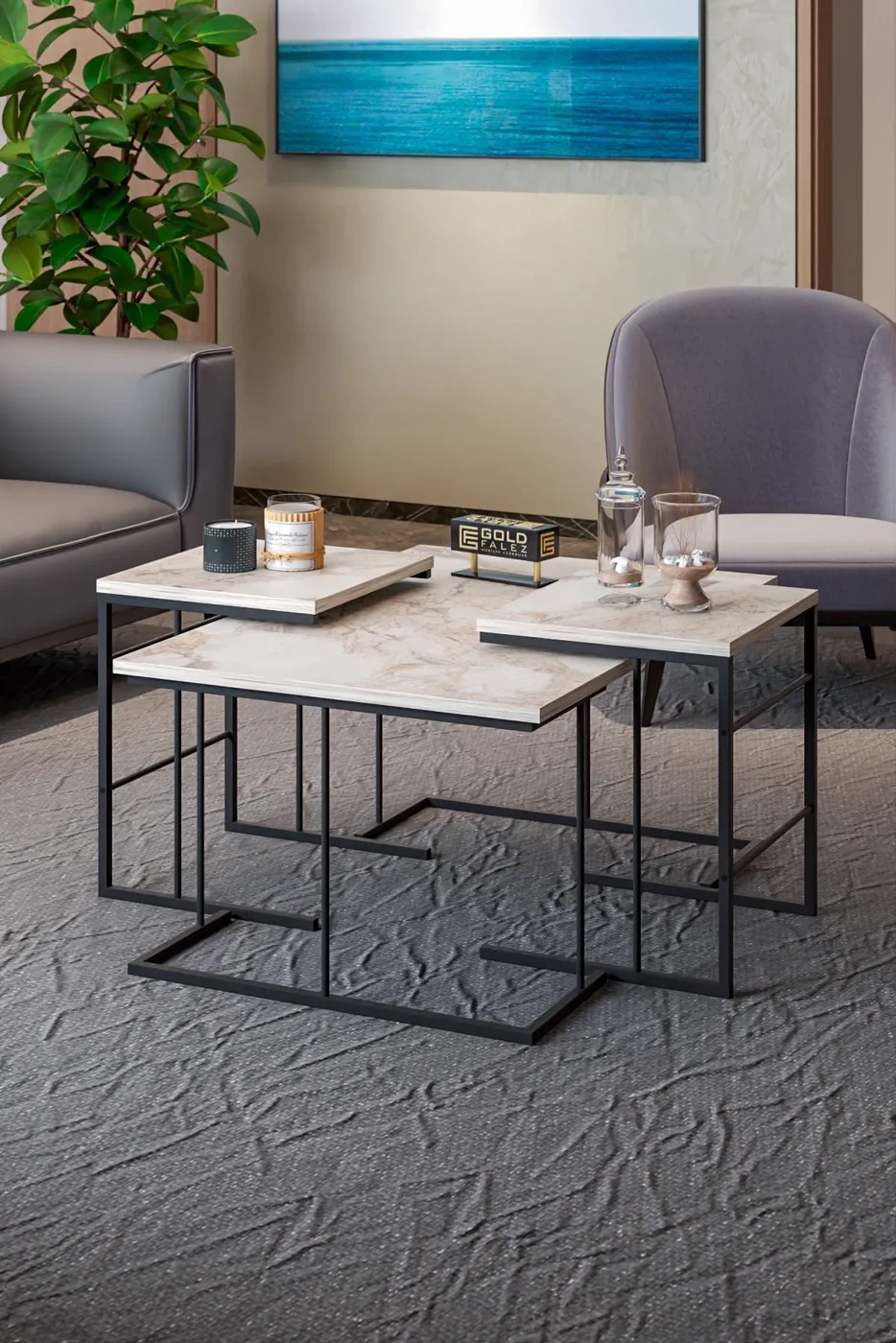 Solo 3-Piece Coffee & Nesting Table Set - White Marble Effect