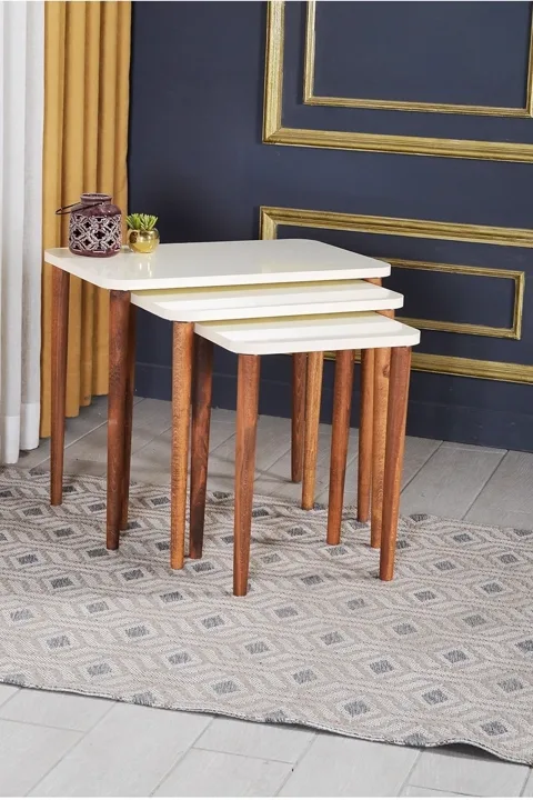 3-Piece Rectangular Nesting Table Set Turned Wooden Legs - Cream