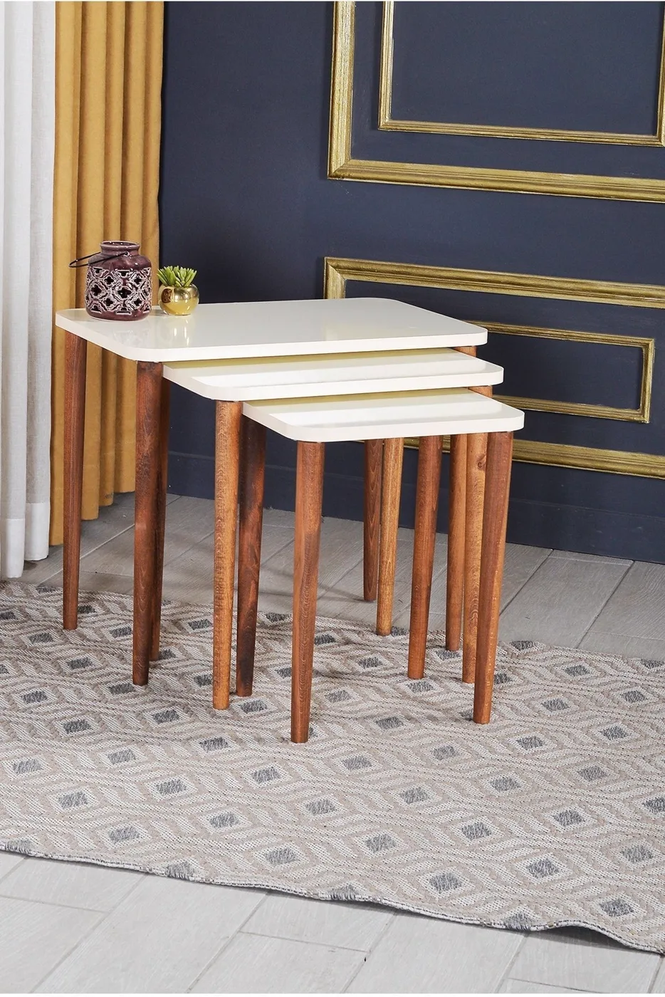 3-Piece Rectangular Nesting Table Set Turned Wooden Legs - Cream