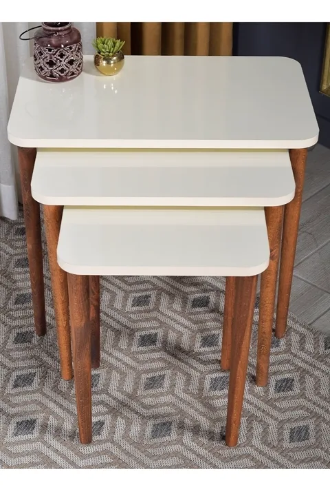 3-Piece Rectangular Nesting Table Set Turned Wooden Legs - Cream