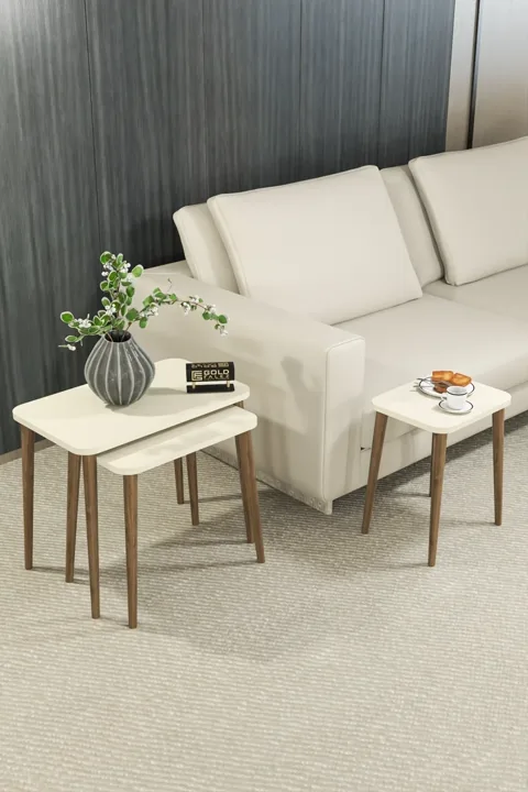 3-Piece Rectangular Nesting Table Set Turned Wooden Legs - Cream