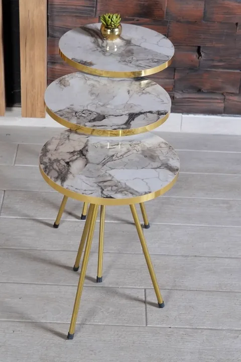 Round Nesting Table Set Gold Metal Legs - White Marble Effect