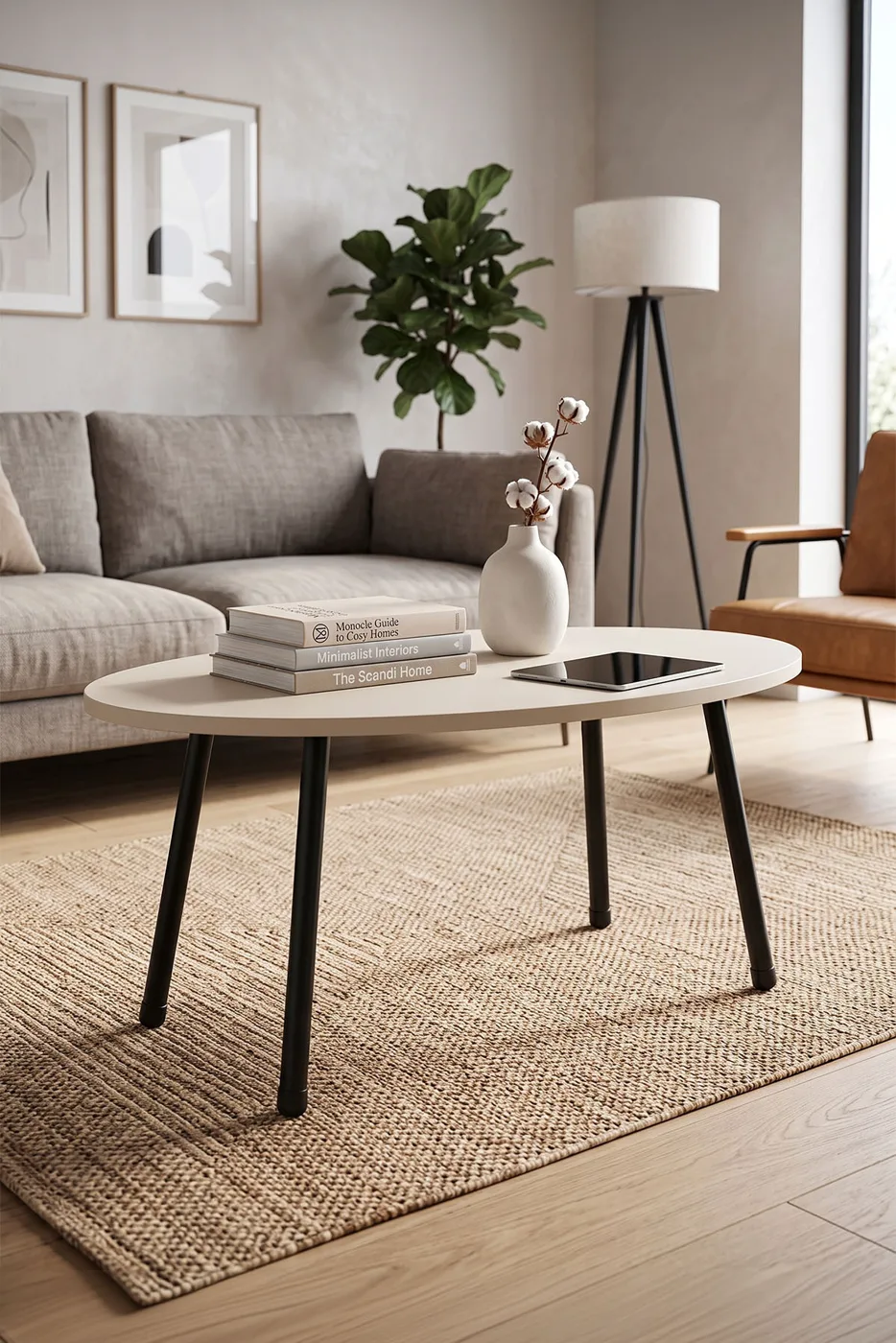 Ovaler Couchtisch mit Metallbeinen - Creme