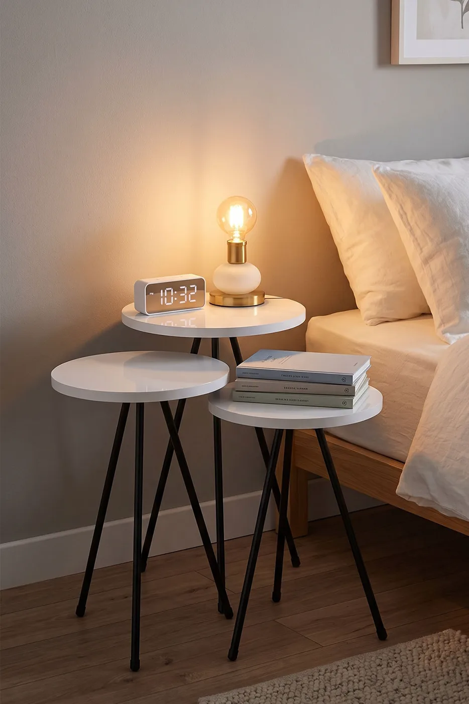 3-Piece Round Nesting Table Set Metal Legs - White