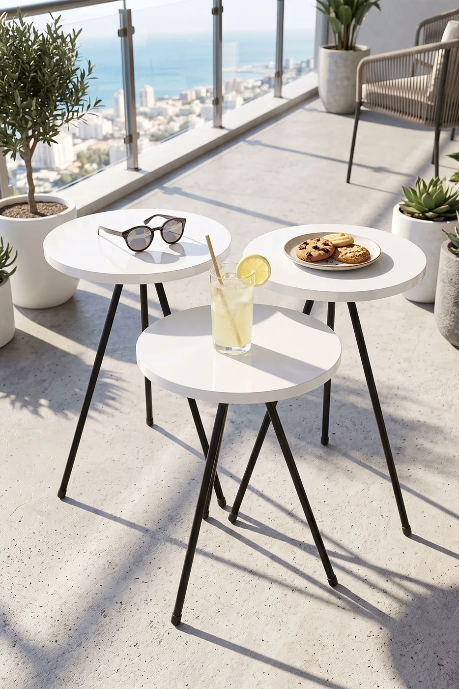 3-Piece Round Nesting Table Set Metal Legs - White