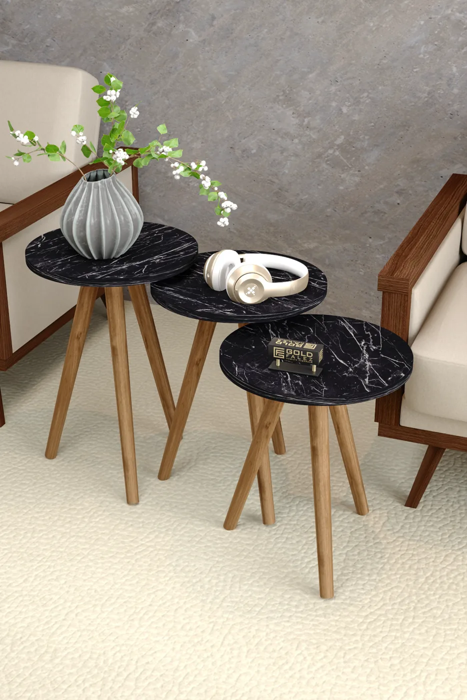 3-Piece Round Nesting Table Set Turned Wooden Legs - Pattern