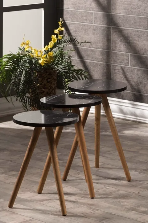3-Piece Round Nesting Table Set Turned Wooden Legs - Pattern