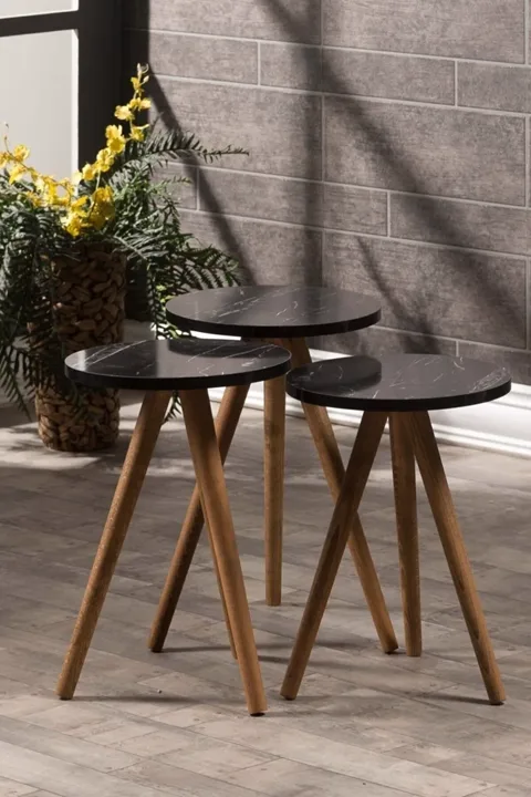 3-Piece Round Nesting Table Set Turned Wooden Legs - Pattern