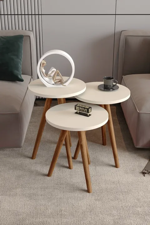 3-Piece Round Nesting Table Set Turned Wooden Legs - Cream