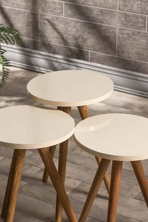 3-Piece Round Nesting Table Set Turned Wooden Legs - Cream