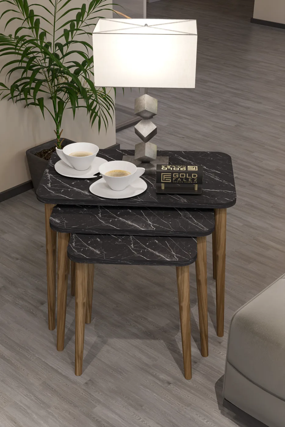 3-Piece Rectangular Nesting Table Set Turned Wooden Legs - Black Marble Effect
