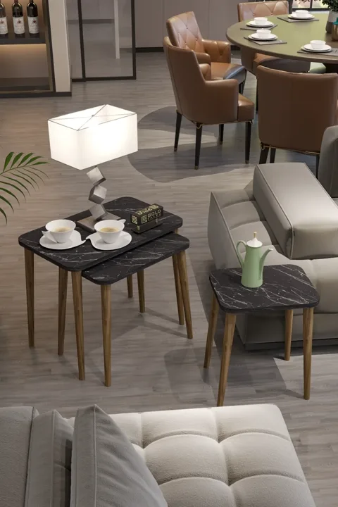 3-Piece Rectangular Nesting Table Set Turned Wooden Legs - Black Marble Effect