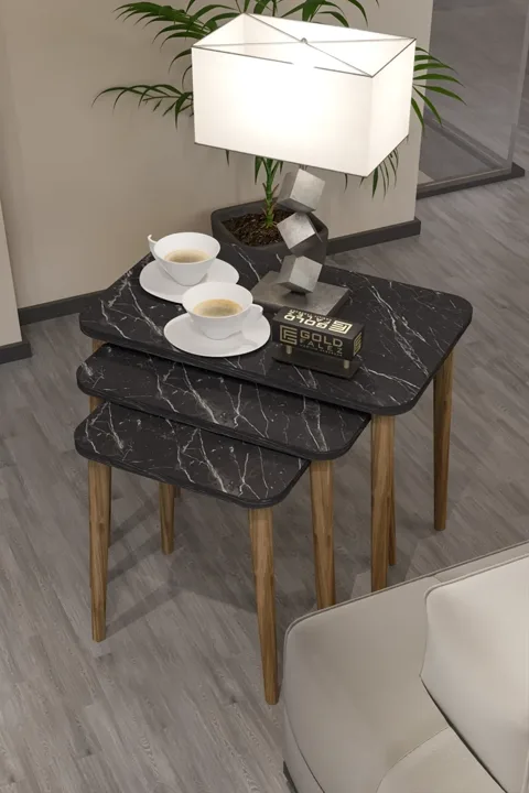 3-Piece Rectangular Nesting Table Set Turned Wooden Legs - Black Marble Effect